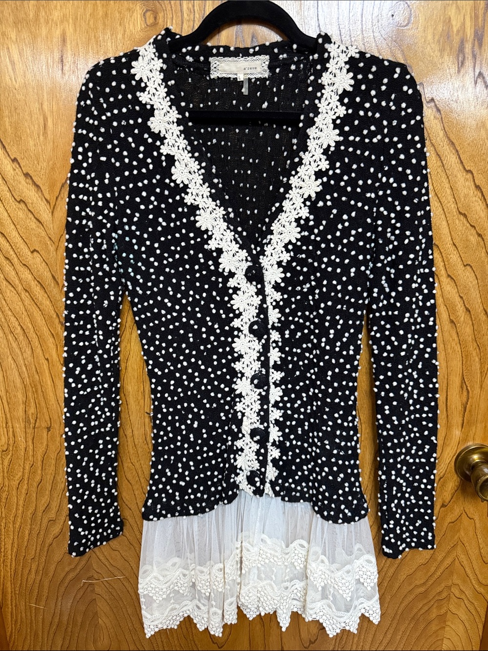 A’reve Black & White Polka Dot Cardigan with Lace Trim Large